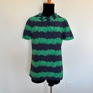 J. Crew Navy and Green Floral Stripe Blouse with Ruffle Neck